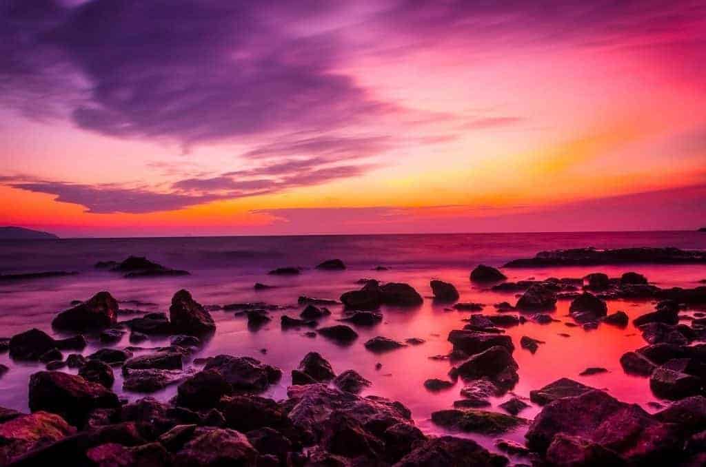 sunset, rocks, beach